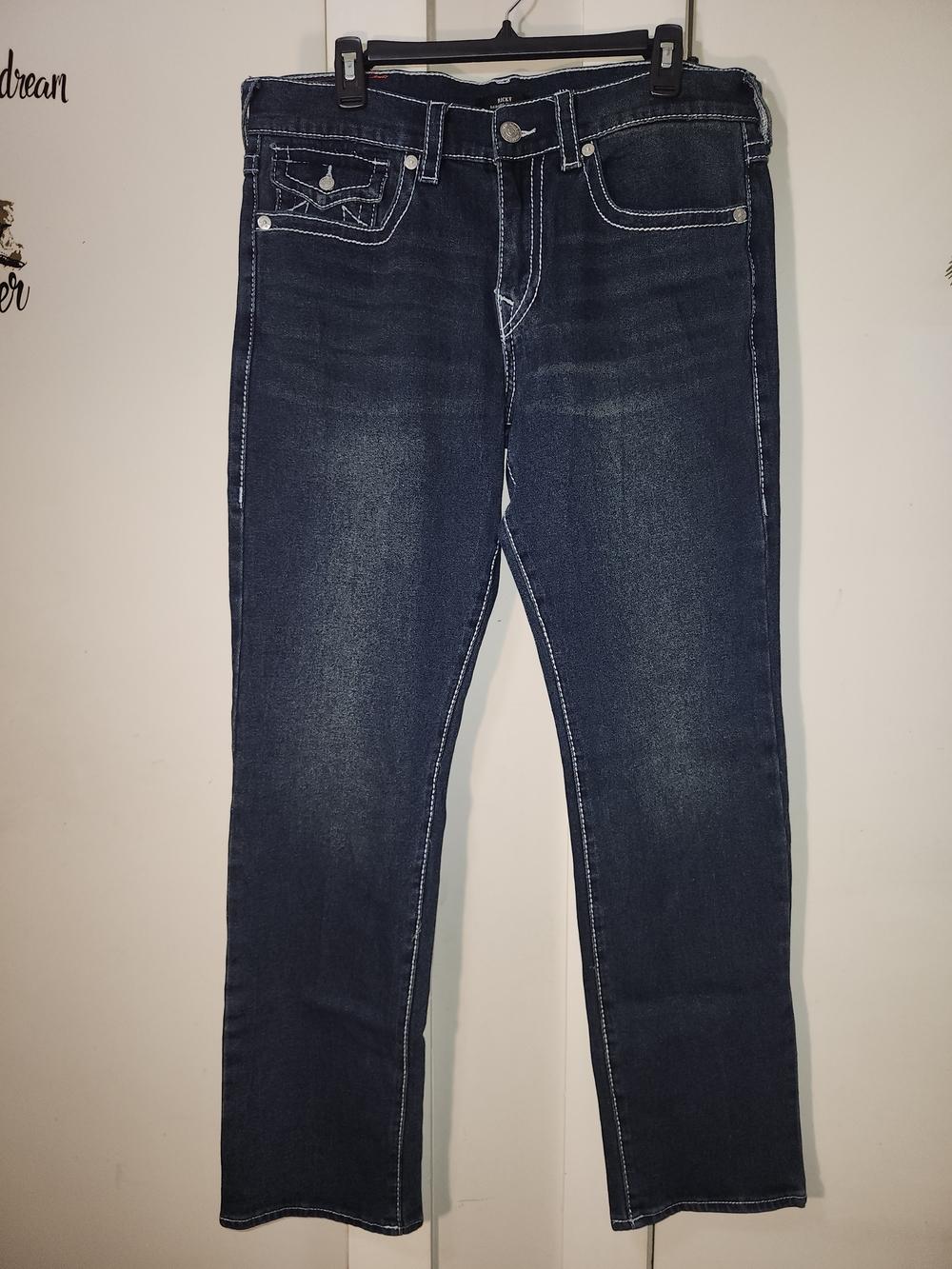 True Religion Men's Straight Jeans in Dark Blue with White Stitching